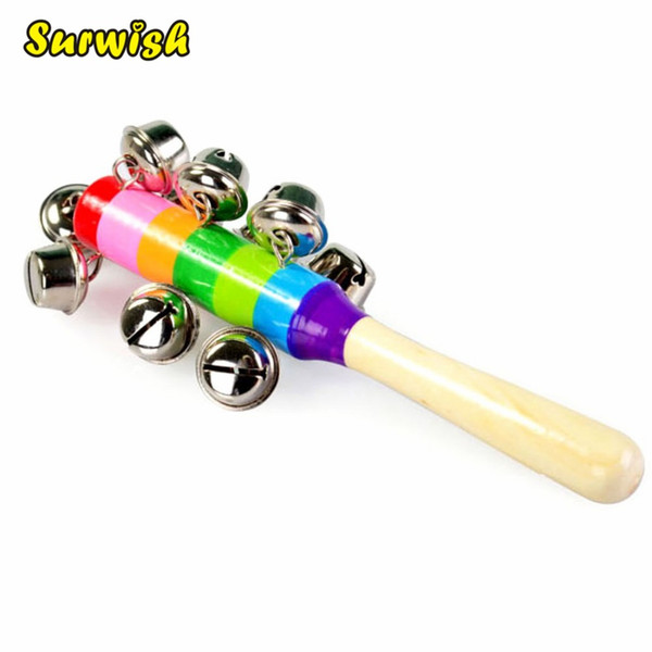 Surwish 1 pcs Wooden Stick 10 Jingle Bells Rainbow Hand Shake Bell Rattles Baby Kids Children Educational Toy - Random Delivery