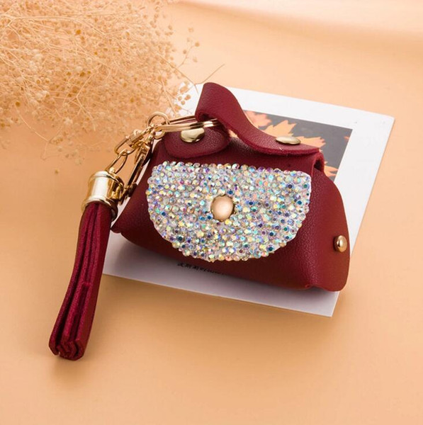 Keychain creative small gift leather car key bag diamond key bag real leather female rhinestone car key bag hanging ornaments gift