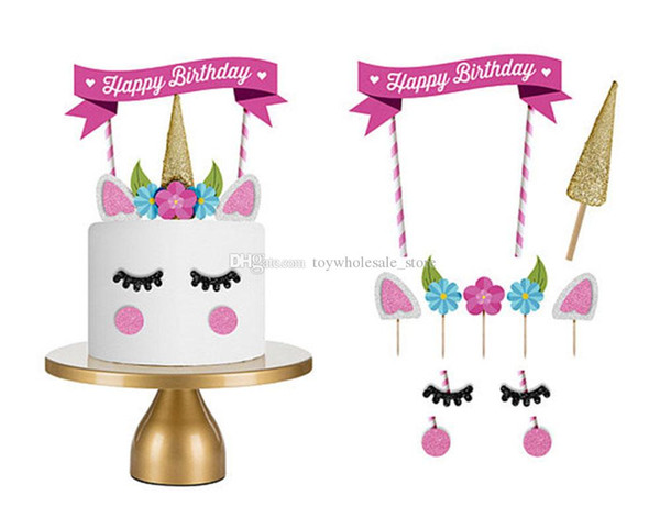 Creative Stand Flags Unicorn Happy Birthday Cake Flag For Baby Party Decoration Tools C3950