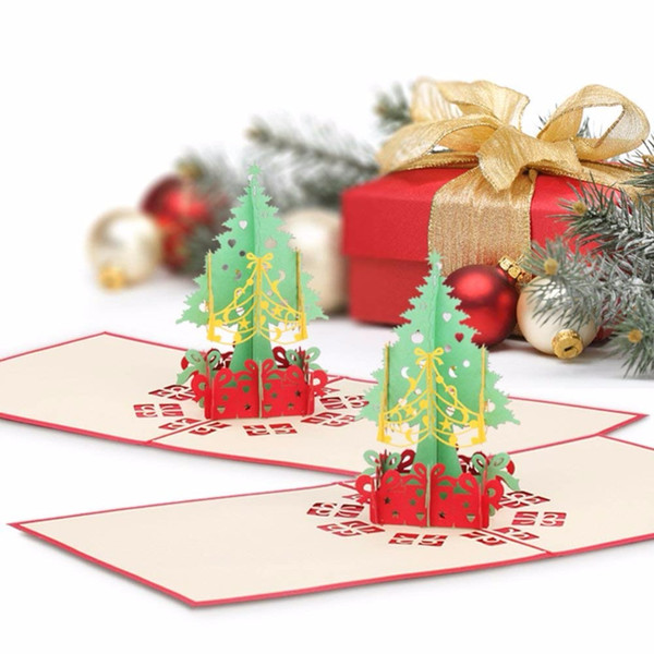 Merry Christmas Gift Cards 3D Xmas Tree Laser Pop Up Folding Type Greeting Card For Navidad Natal New Year Party Favors cards