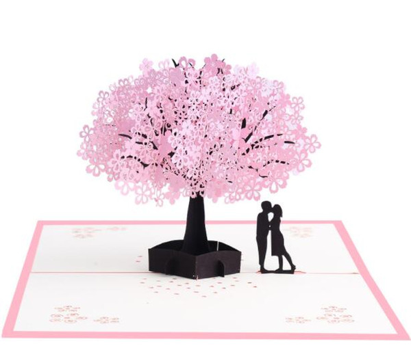 3d greeting card pink romantic cherry blossom 3d stereo card cherry tree paper carving hand-made card birthday gift Valentine's present