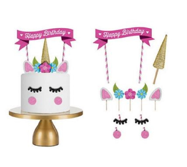 Pink Cute Unicorn Cake Flags Cake Decor Birthday Party Decoration Tool Happy Birthday Supply