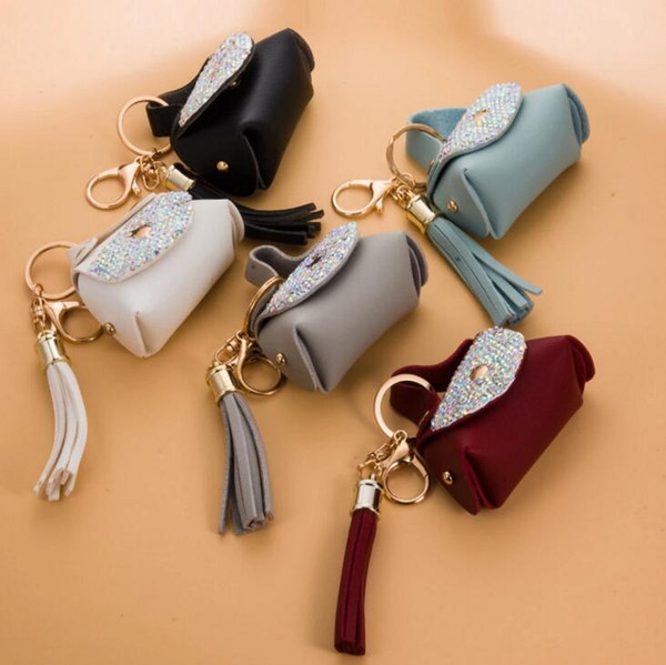 Keychain creative small gift leather car key bag diamond key bag real leather female rhinestone car key bag hanging ornaments gift