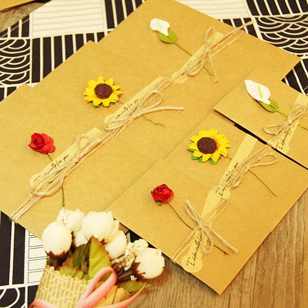 DIY Kraft handmade dried flowers gift cards Christmas greet card thank you notes birthday party invitation cards with envelopes greeting wis