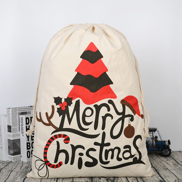 HOT Christmas Decorations Gift Bags Large Organic Heavy Canvas Bag Santa Sack Drawstring Bag With Reindeers Santa Claus Sack Bags for kids