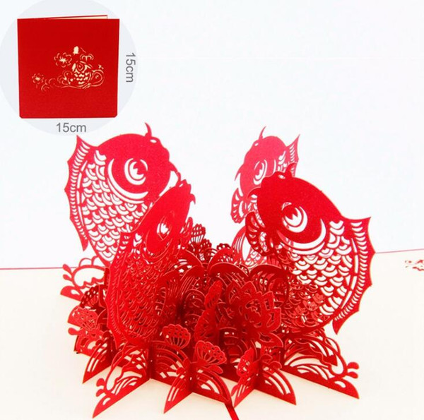 Chinese New Year Red Koi fish 3D pop up greeting card laser cutting envelope postcard hollow carved happy new year gift