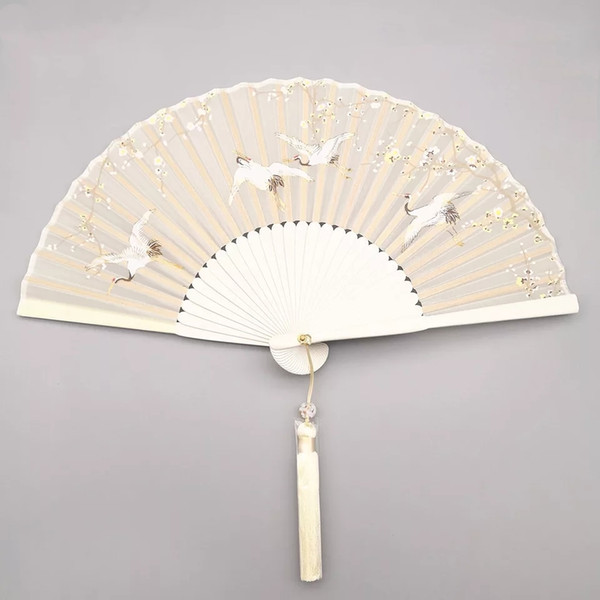 Beijing imperial palace solitary cloud will wild crane, can live to the world - plum blossom crane figure ancient woman folding fan