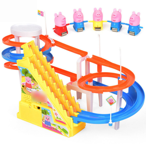 Pink Pig Action Toy Figures Children's rail car electric music climbing stairs track Pecs children's toys intellectual class Kids Toys