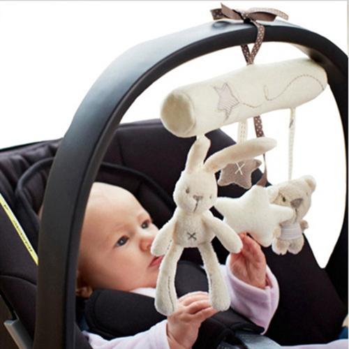 new Cute Rabbit baby music hanging bed safety seat plush toy Hand Bell Multifunctional Plush Toy Stroller Mobile Gifts