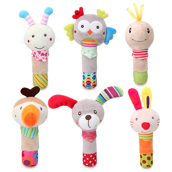 15-18cm baby toys hand wand Plush toy cartoon animal dog owl rabbit bee hand rocker toy baby handbell wholesale
