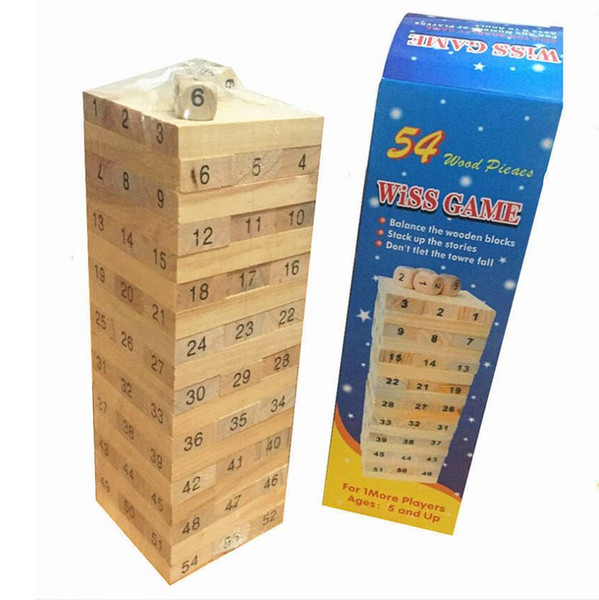 WISS GAME Baby Toys Family Game Wooden 54Pcs Blocks+4Pcs Dice Tumbling Stacking Tower Digital Building Blocks Popular Game Education Gift