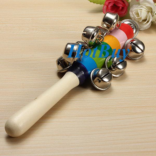 Baby Rainbow Pram Handle 18CM Wooden Bell Stick Shaker Rattles Toy #2999