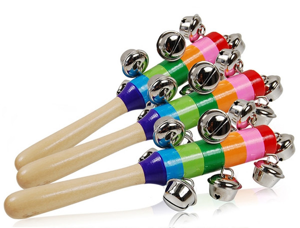 DHL Baby Toys Rattle Rainbow With Bell Orff Musical Instruments Educational Wooden Toys Pram Crib Handle Activity Bell Stick Shaker