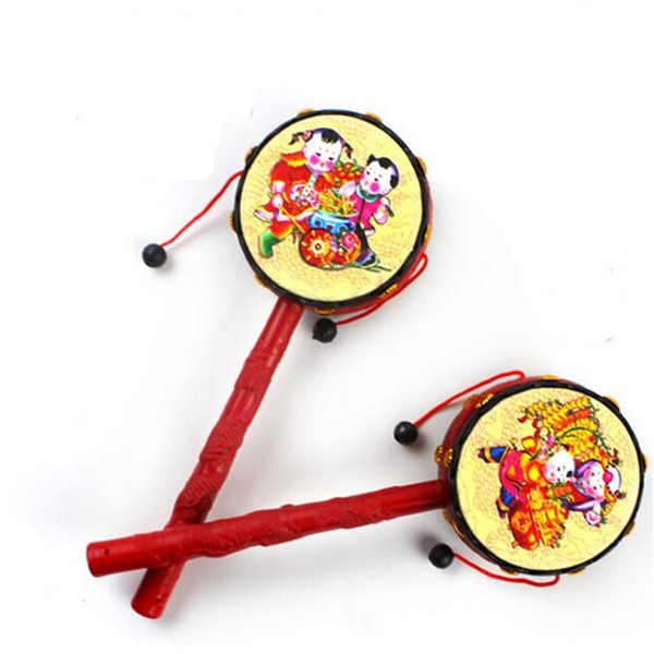 Wholesale- 1Pcs Chinese Traditional Rattle Drum Spin Toys For Baby Kids Cartoon Hand Bell Toy Wooden Rattle Drum Musical Instrument