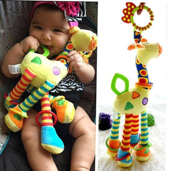 Plush Infant Baby Development Soft Giraffe Animal Handbells Rattles Handle Toys Hot Selling With Teether Baby Toy