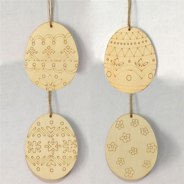 4pcs/lot Easter Wooden Hanging Oranaments Pendant Egg DIY Wood hemp rope Craft Easter Eggs Hangs Home Decoration Supplies New A21906