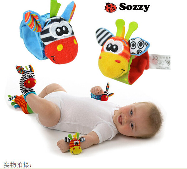 2016 Hot New sozzy baby animal socks watch band wrist strap / belt ring baby rattles newborn toys wholesale