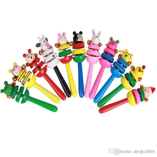 Lovely animals Toy Baby Toy Handle Wooden Activity Bell Stick Shaker Rattle Wooden hand bell free shipping