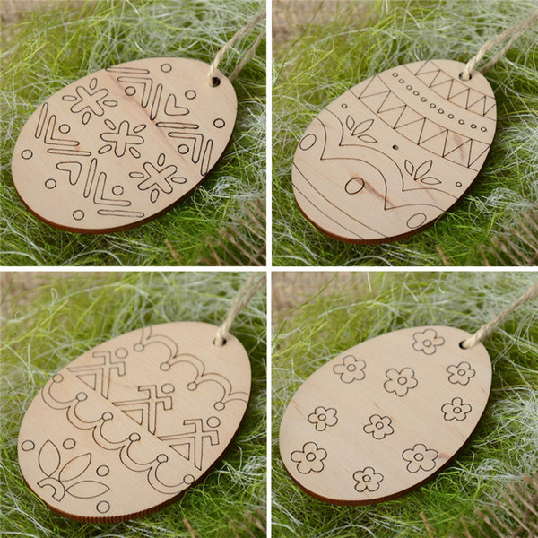 4pcs/lot Easter Wooden Hanging Oranaments Pendant Egg DIY Wood hemp rope Craft Easter Eggs Hangs Home Decoration Supplies A21906