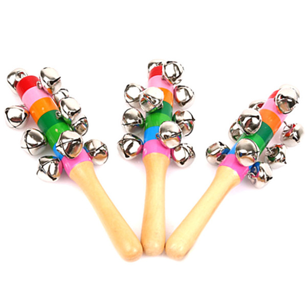 Wooden Stick New style Jingle Bells Rainbow Hand Shake Sound Bell Rattles Baby Kid Children Educational Children Toy 18 cm