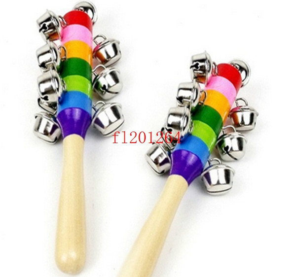 50pcs/lot Hot Selling Delicate Baby Kid Rainbow Pram Crib Handle Wooden Bell Stick Shaker Rattle Toy