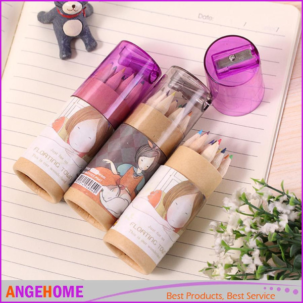 12PCS/Set Pure Kraft barreled color painting pen coloring pencils with pencil sharpener children gift 