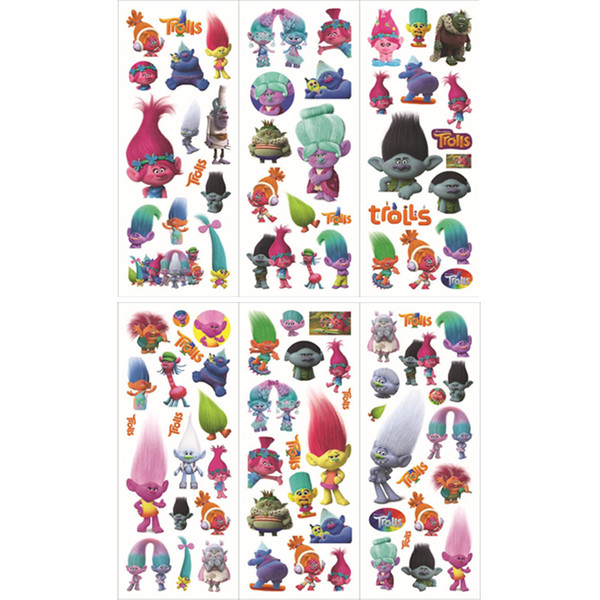 cartoon stickers for kids 6 sheets/set new cartoon stickers for kids home wall decor on laptop cute Trolls mini 3D sticker toy