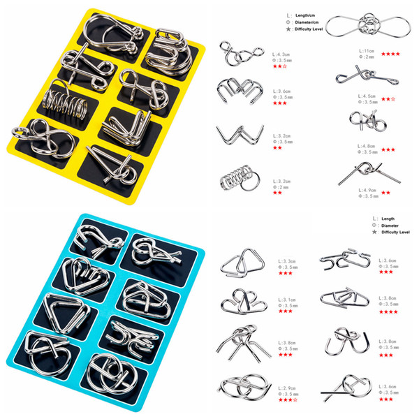 8pcs/set Different Patterns 3D Interlocking Metal Trick Lock Puzzle IQ Wire Brain Teaser Game Children Adults Kids Intelligence toy AAA1283