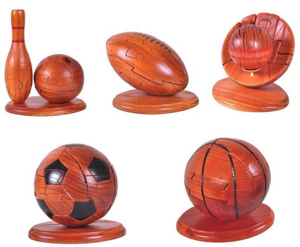 Wooden Intelligence Toys Rugby Bowling Baseball Basketball Soccer Ball Brain Teaser 3D Puzzles - Home Office Desk Decor