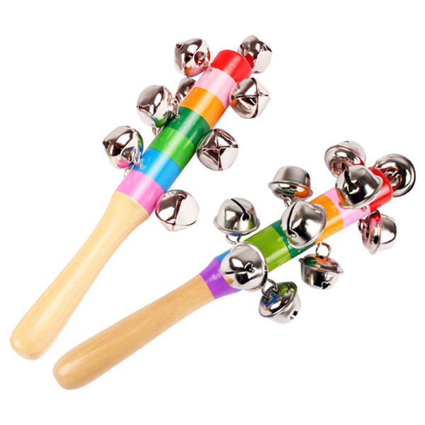 Wooden Stick 10 Jingle Bells Rainbow Hand Shake Bell Rattles Baby Kids Children Educational Toy - Orff Instruments