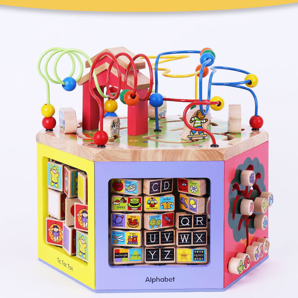 HOT Wooden Toys Multifunctional Animal Beads Maze Baby Early Learning Toys Clock Blocks Calculation 6 Face With Large Box 