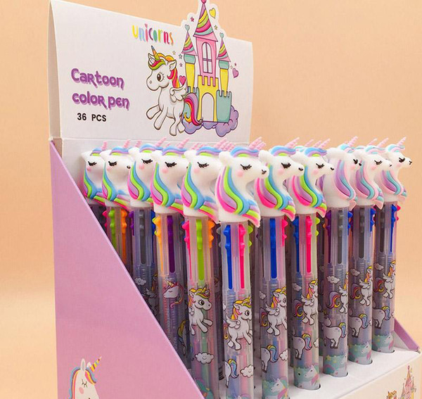 Cute 6 Colors in 1 Unicorn Ballpoint Pen Silica Rainbow Kawaii Ball Pen For Kids Gift Creative Student Item Korean Stationery