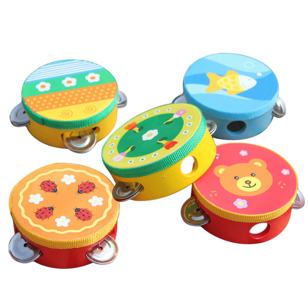 Baby Infant Educational Cartoon Wooden Hand Drum Musical Beat Instrument Handbells Baby Musical Toy