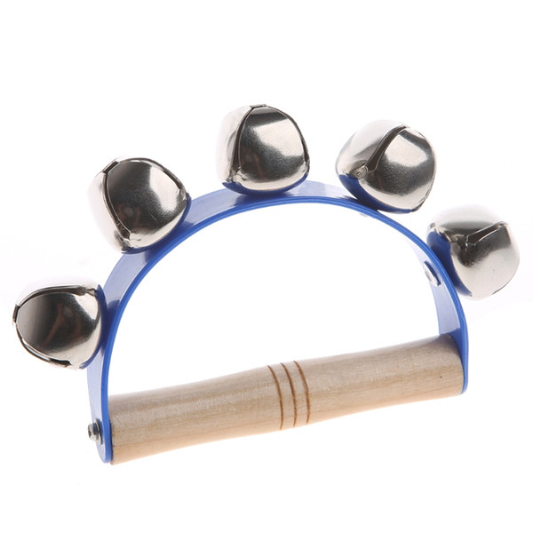 Handheld Sleigh Bells with Wooden Handle Hand Bell Percussion Musical Toys Kids Blue