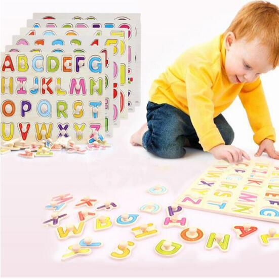 baby cognitive wooden alphabet puzzles toys educational toys numbers animal jigsaw puzzle hand grasp plate in English