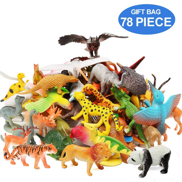 Animal Figures Set of 78 Realistic Assorted 32 Mini Jungle Animals & 12 Dinosaurs & 12 Birds & 22 Accessories Party Favors Toys PlaySet For