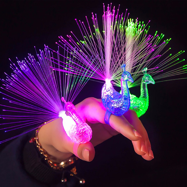 Creative Peacock LED Finger Ring Lights Beams Party Nightclub Color Rings Optical Fiber Lamp Kids Children Halloween Gifts