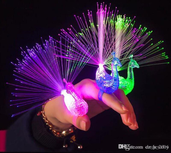 3 color LED Flashing Peacock Fiber Optic Finger Lights Rings for Raves or Party Favor 