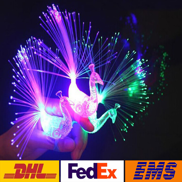 LED Colorful Peacock Fiber Optic Finger Lights Rings Night Light Flashing Night Light Toys Christmas Party Night Lights WX-T38