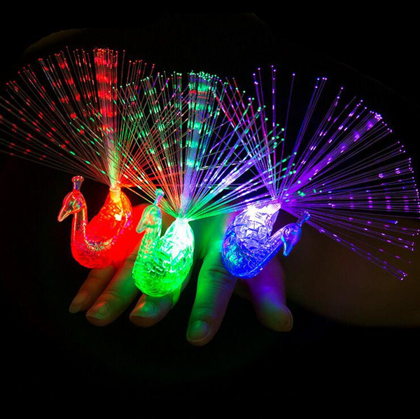 Color changing section peacock finger lamp peacock open screen fiber-optic lamp flash creative luminous ring children toy wholesale