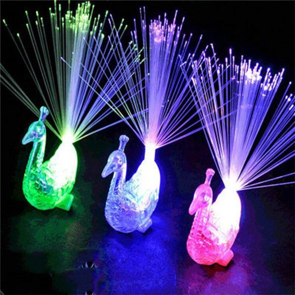 Creative Peacock LED Finger Ring Lights Beams Party Nightclub Color Rings Optical Fiber Lamp Kids Children Halloween Gifts