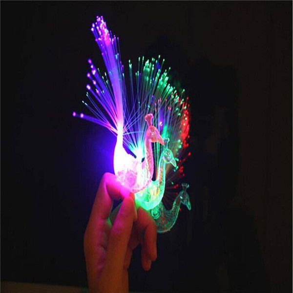 LED Flashing Peacock Fiber Optic Finger Lights Rings for Raves or Party Favor Ring mixed color