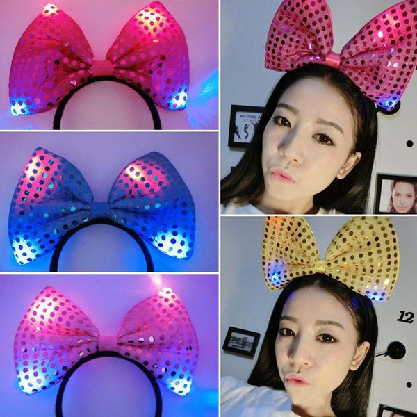 2017 New Halloween Christmas LED Toys Flash light Sequin Bow Hair Clip HeadBand Light up toy emitting Hairpin E208