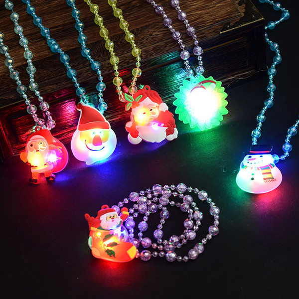 glow up flashing led necklace for christmas Kids Colorful Beads Chain LED Light Cartoon Santa Claus Pendant Necklace Party Favors