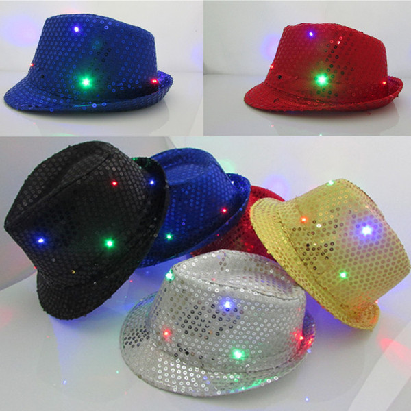 Fun Central LED Light Up Sequin Fedoras led party hats Flashing Light Up Led Fedora unisex Hip-Hop Jazz Lamp Luminous Hat