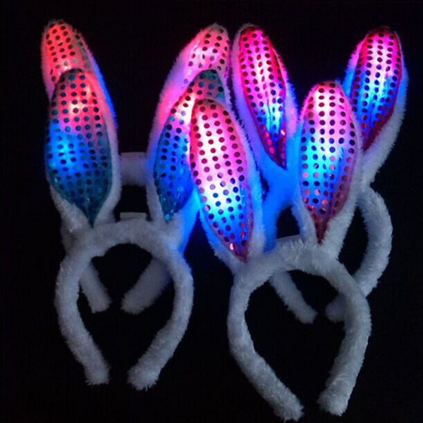 Women's Kids Girls LED Light Up Plush Bunny Long Ears Sequin Headband Hair Accessories Fun Party Decoration Led Rave Toy