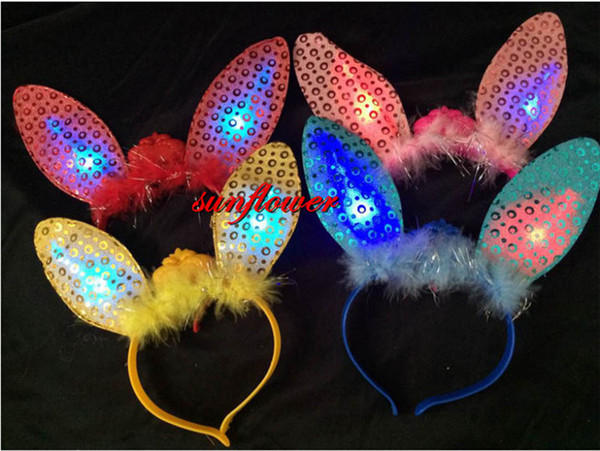 Women Girls LED Feather Bunny Ear Sequin Headband Headwear Halloween Fun Party Decoration Led Rave Hair Accessories Toy