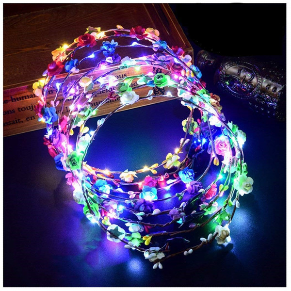 Flower Wreath Headband Crown Luminous 10 LED Flower Headpiece Headdress for Girls Night Party