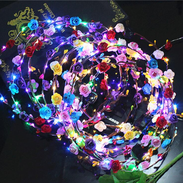 2017 Flashing LED Glow Flower Crown Headbands Light Party Rave Floral Hair Garland Wreath Wedding Flower Girl Headpiece decor