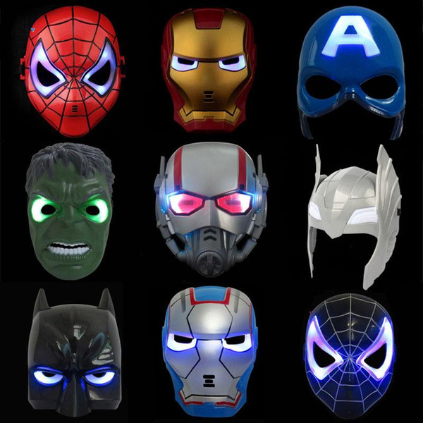 LED Glowing Lighting Mask Spiderman Captain America Hero Figure Party Mask Halloween Cosplay Costume Accessory 9 Colors kids toys